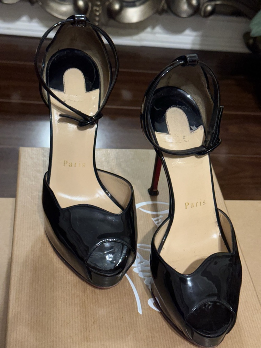 Christian Louboutin Black Patent Peep-Toe Ankle Strap Heels Sz 36